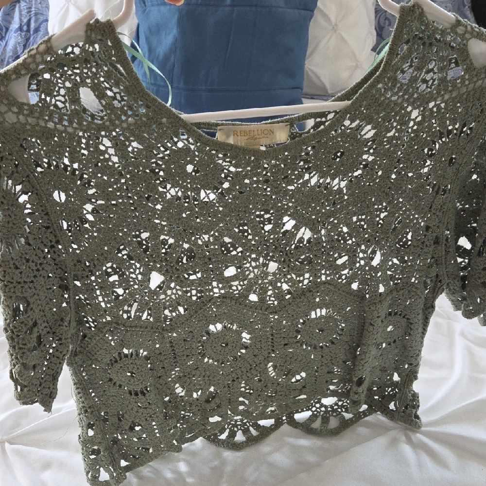 Rebellion Sage Green Crochet Crop Top